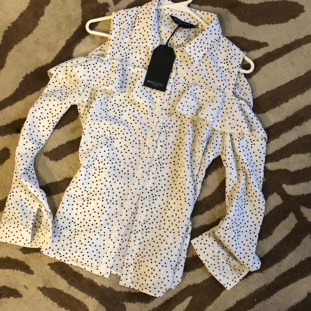 Polka dot cold shoulder ruffle blouse